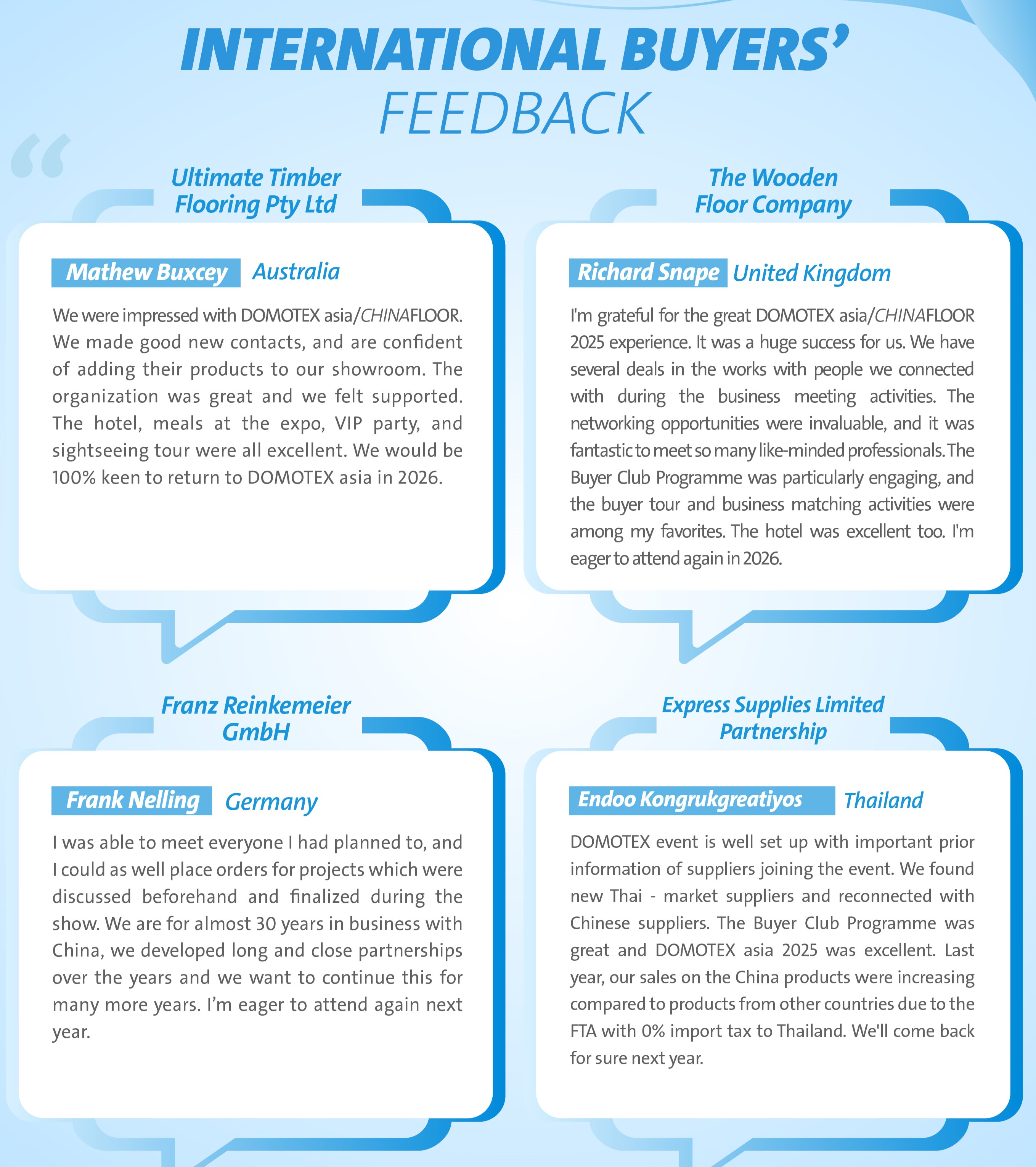 INTERNATIONAL PARTICIPANTS’ FEEDBACK ON DOMOTEX asia/CHINAFLOOR 2025